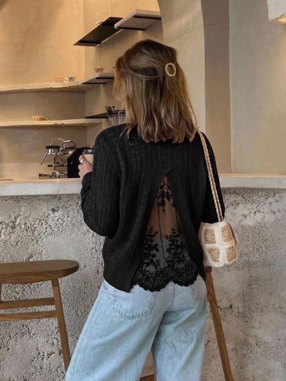 Black Casual Women's Elegant Back Mesh Lace Patchwork Hollow Knit Sweater